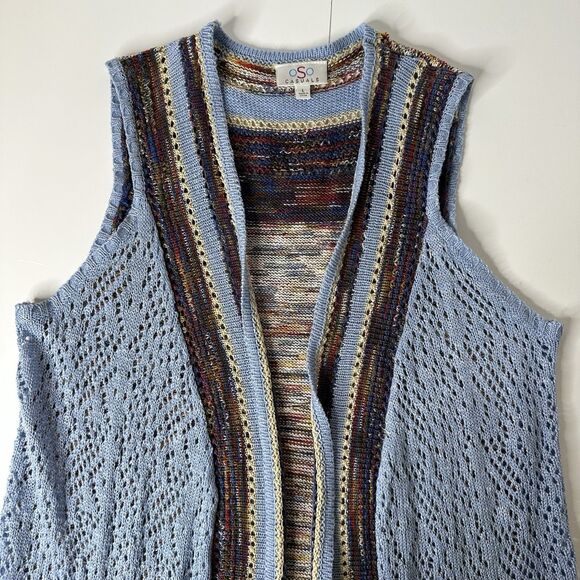 OSO Casuals Boho Crochet Sleeveless Long Vest Sz L Blue Multicolor Fringe Hippie - Picture 8 of 14